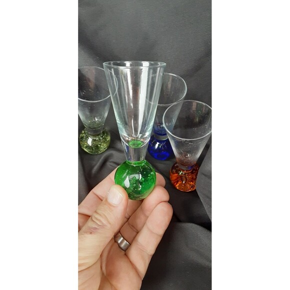 Vtg Set of 4 CORDIALS Liqueur SHOT Glasses Air Bubble Colored Ball Bottom Bases - Picture 3 of 8